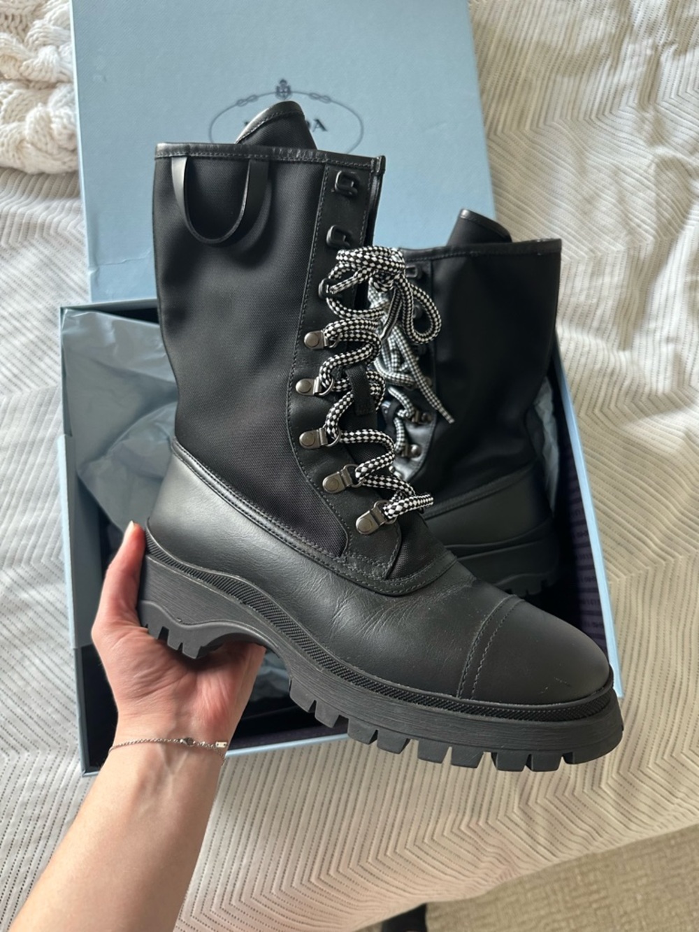 Prada Black Leather Lace-Up Lug-Sole Boots - Picture 2 of 5